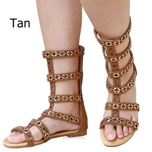 New Tan Rhinestone Mid-Calf Gladiator Sandals